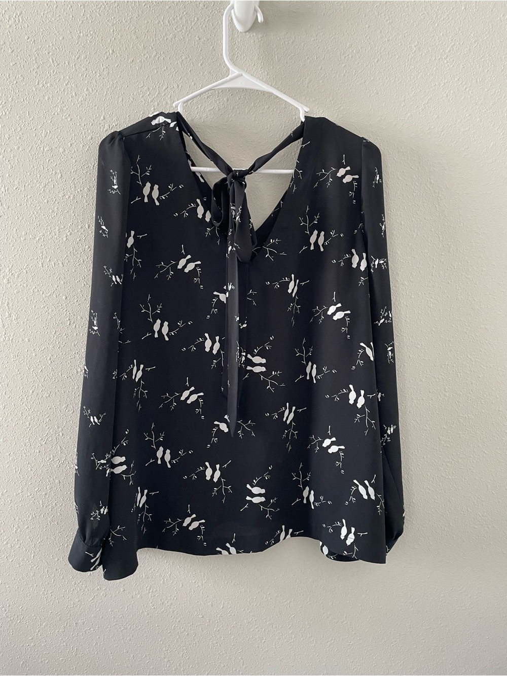 LOFT Black Bird-Print Tie-Back Blouse